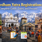 Chardham Yatra Registration complete guide banner featuring Yamunotri, Gangotri, Kedarnath and Badrinath temples with Himalayan backdrop in landscape view