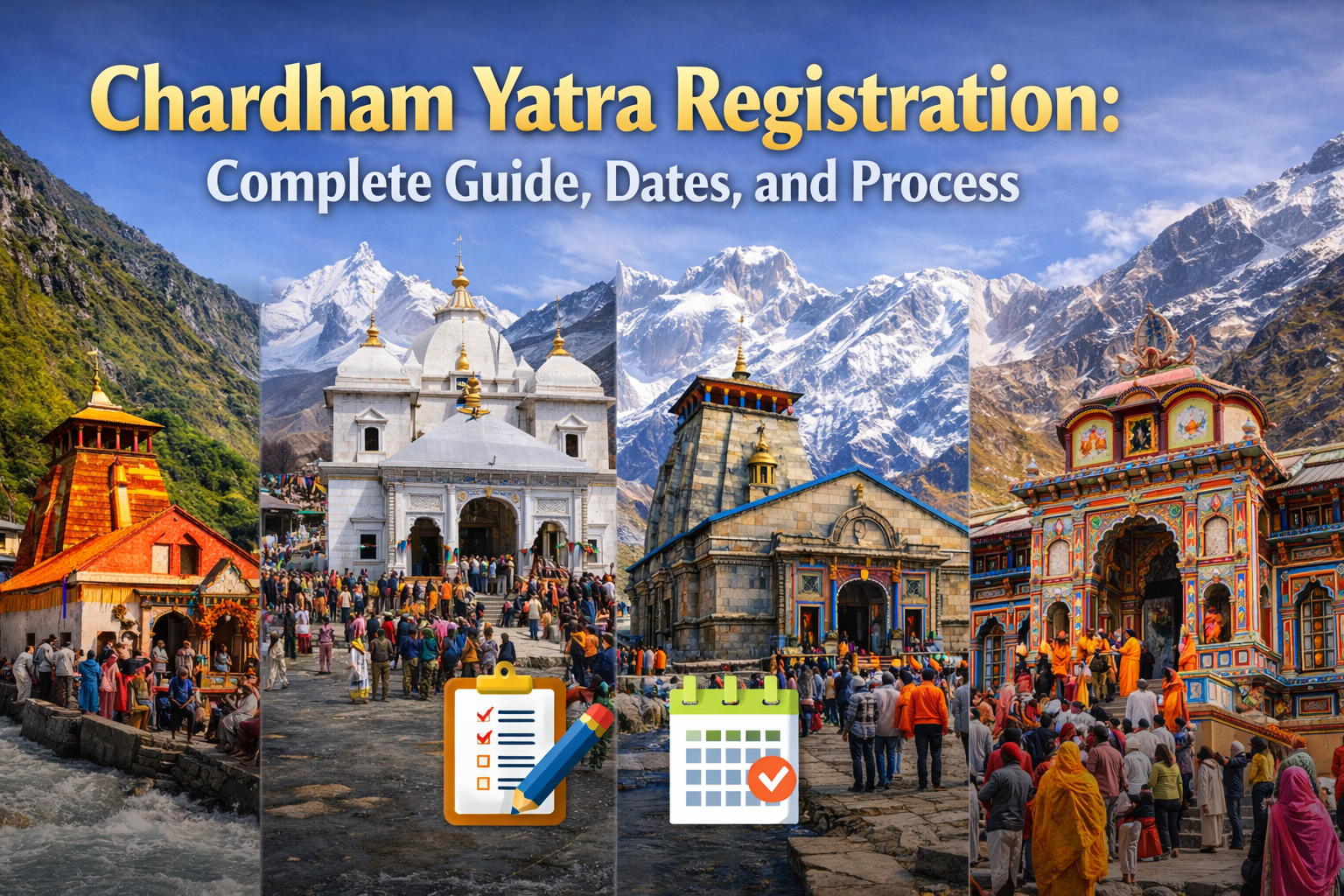 Chardham Yatra Registration complete guide banner featuring Yamunotri, Gangotri, Kedarnath and Badrinath temples with Himalayan backdrop in landscape view
