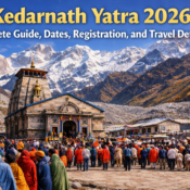 Kedarnath Yatra 2026 complete travel guide banner featuring Kedarnath Temple with Himalayan mountains and pilgrims in landscape view
