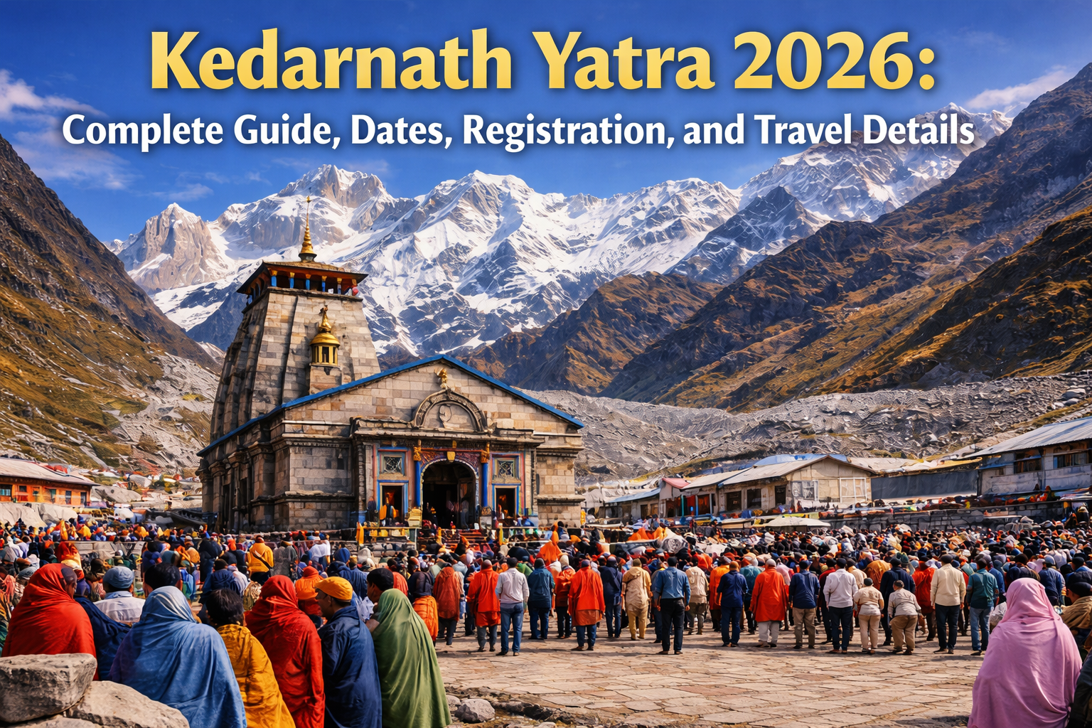 Kedarnath Yatra 2026 complete travel guide banner featuring Kedarnath Temple with Himalayan mountains and pilgrims in landscape view