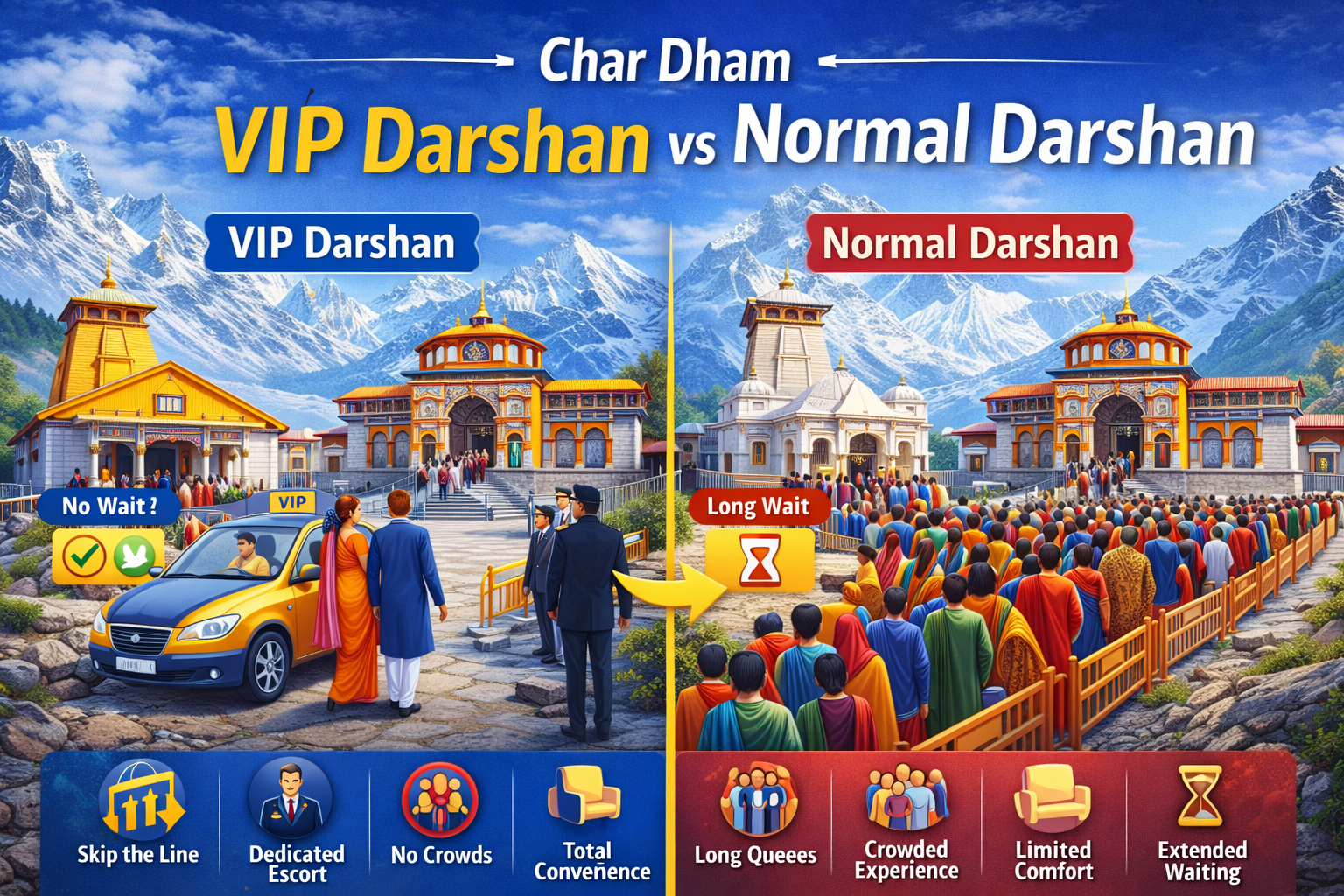 Char Dham VIP Darshan vs Normal Darshan comparison showing fast VIP entry and long queues for normal darshan at temples