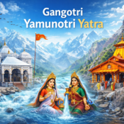 Gangotri Yamunotri Yatra temples in the Himalayas with pilgrims visiting sacred shrines