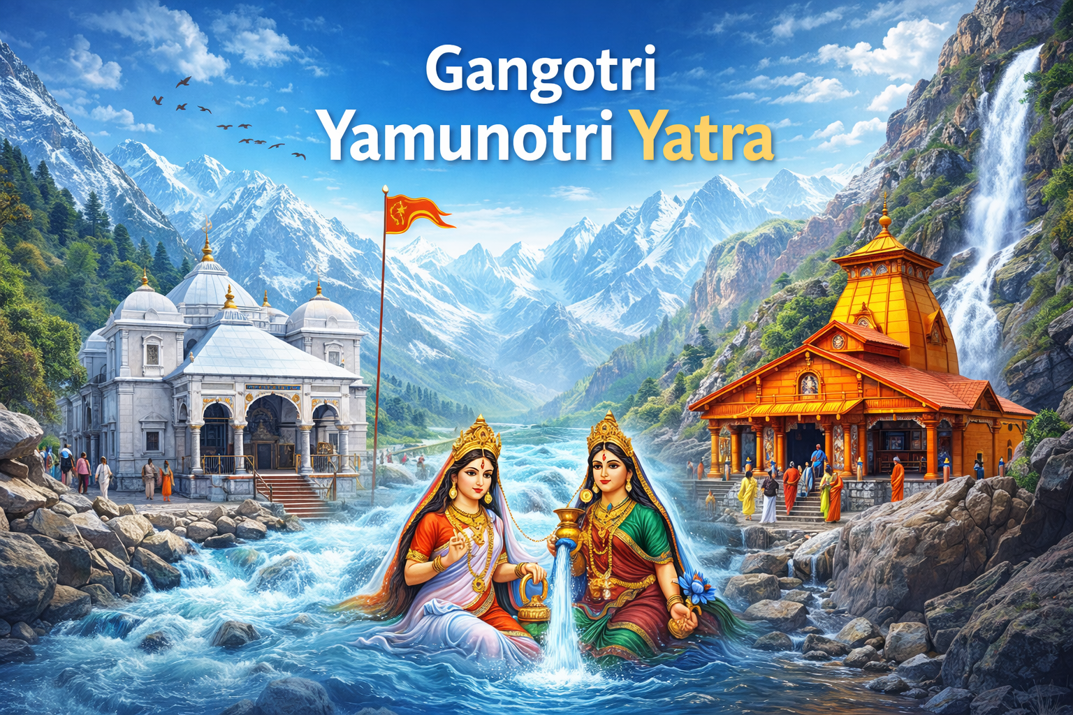 Gangotri Yamunotri Yatra temples in the Himalayas with pilgrims visiting sacred shrines